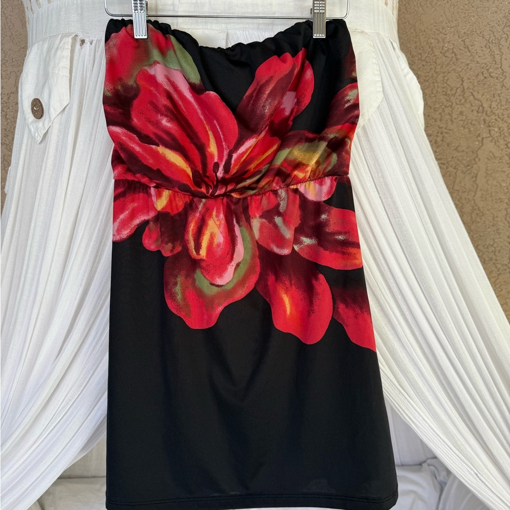 Charlotte Russe Black Mini Dress with Red Lily Floral Design